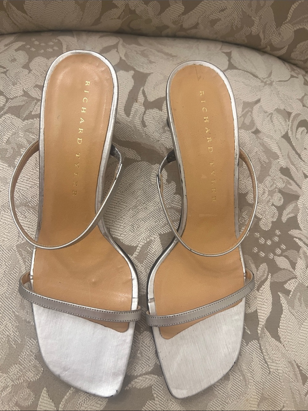 Richard Tyler Silver Minimalist Square-Toe Heeled Sandals